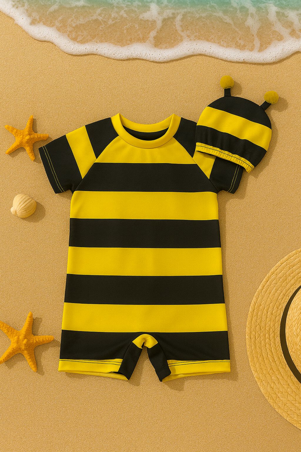 Unisex Çocuk Arı Desenli Mayo ve Bone Seti 1-5 Yaş