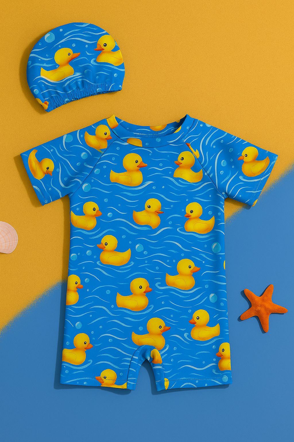 Unisex Çocuk Mayo Ördek Desenli Bone Seti 1-5 Yaş