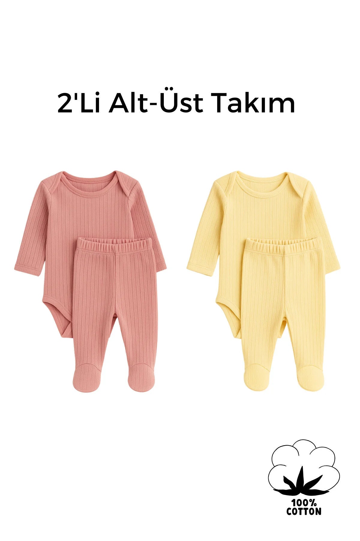 Bebek Organik Pamuklu 4 Parça 2’li Zıbın Body ve Patikli Alt Takım Seti