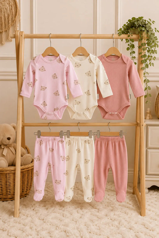 Bebek Ayıcık Desenli 6 Parça 3 Set Fitilli Body Patikli Alt Takım 0-9 Ay