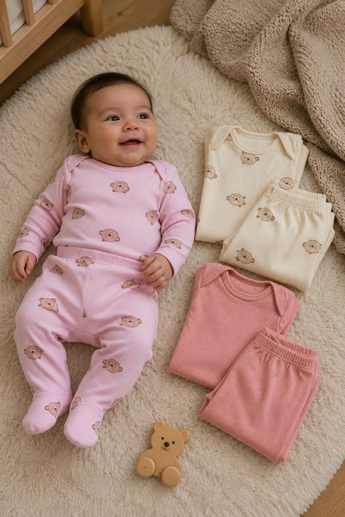 Bebek Ayıcık Desenli 6 Parça 3 Set Fitilli Body Patikli Alt Takım 0-9 Ay