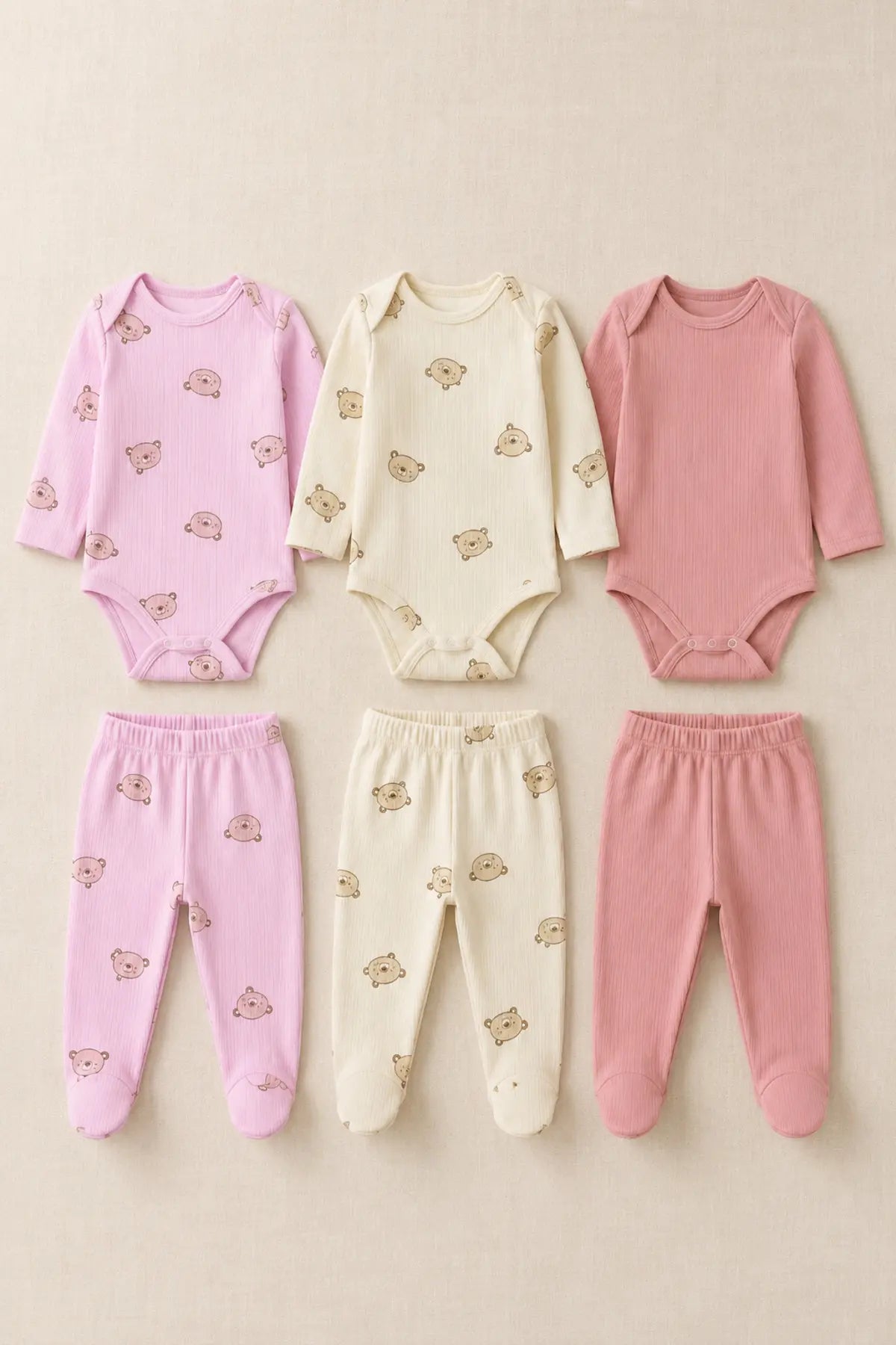 Bebek Ayıcık Desenli 6 Parça 3 Set Fitilli Body Patikli Alt Takım 0-9 Ay