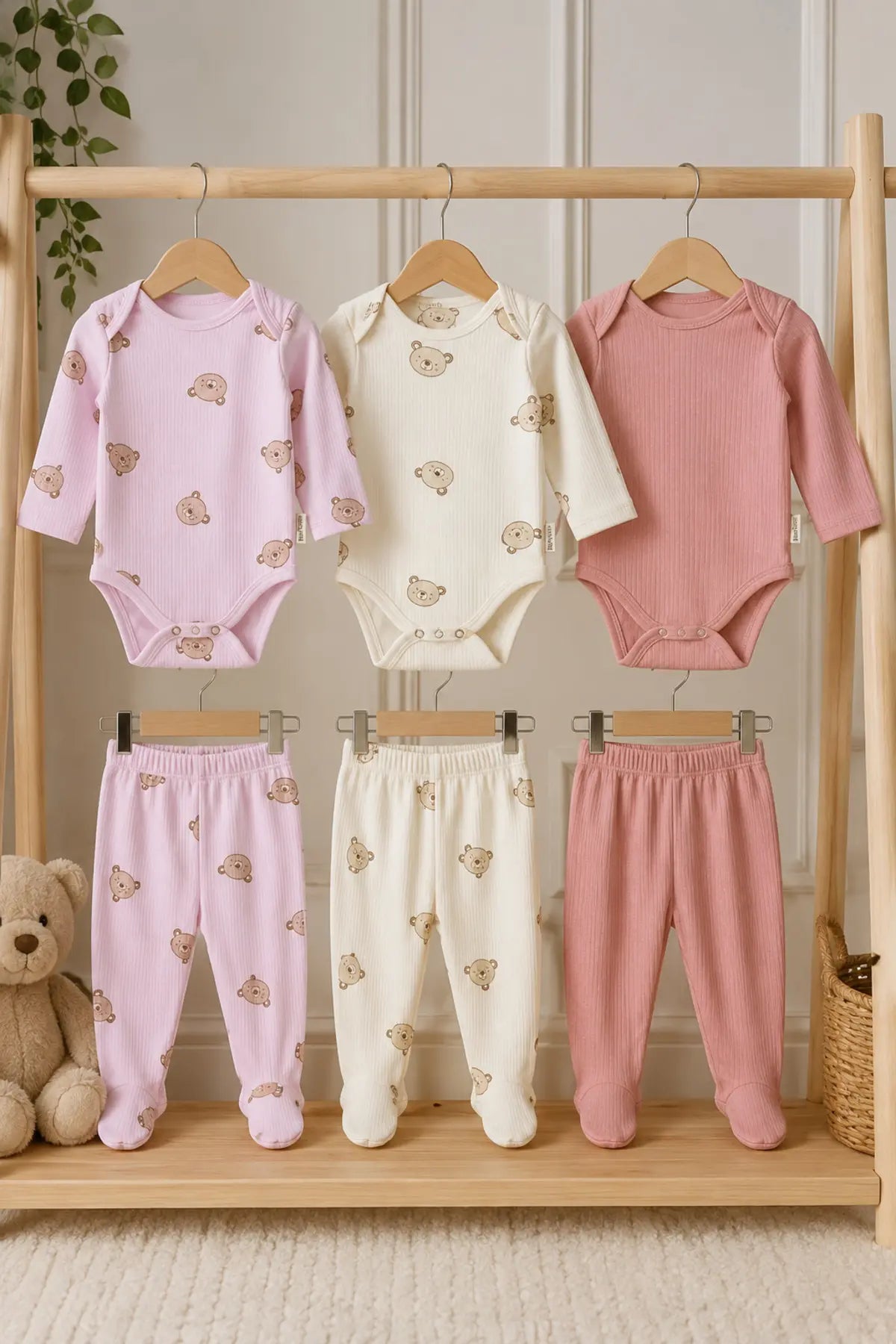 Bebek Ayıcık Desenli 6 Parça 3 Set Fitilli Body Patikli Alt Takım 0-9 Ay