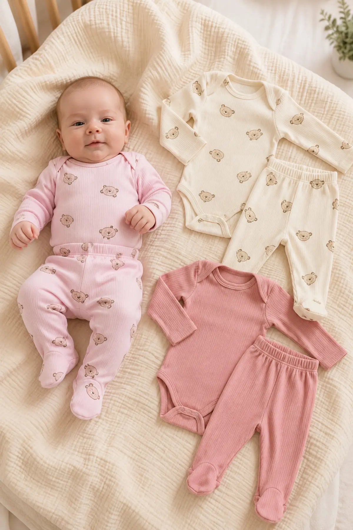 Bebek Ayıcık Desenli 6 Parça 3 Set Fitilli Body Patikli Alt Takım 0-9 Ay