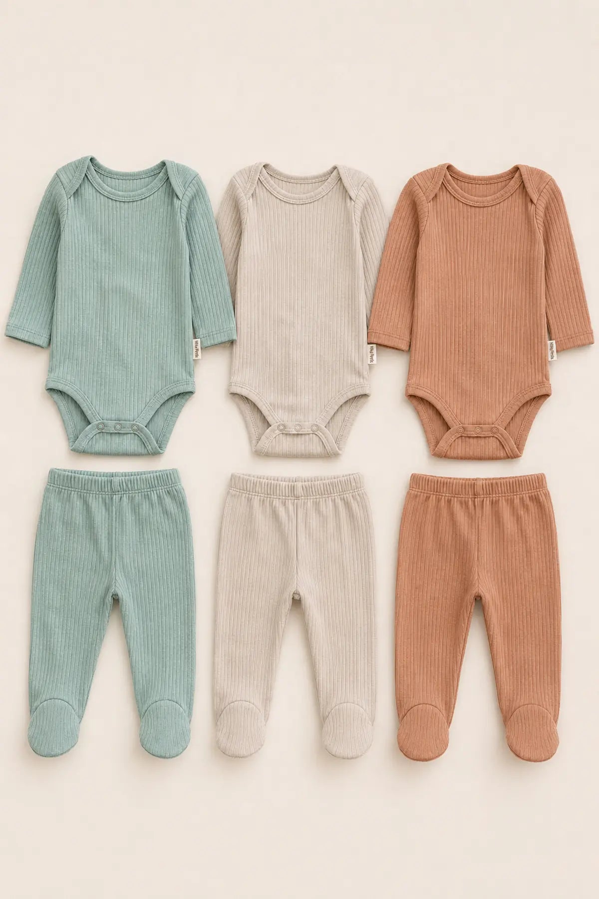 Bebek Organik Pamuklu Zıbın Body ve Patikli Alt 6 Parça 3’lü Set Bebek Takımı