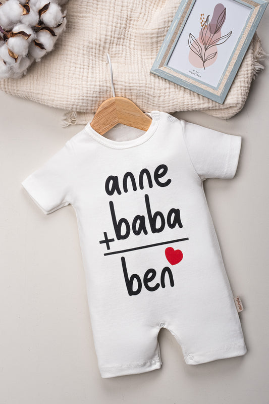 Unisex Organik Beyaz Anne Baba Baskılı Yandan Çıt Çıtlı 0-12 Ay Bebek Tulum