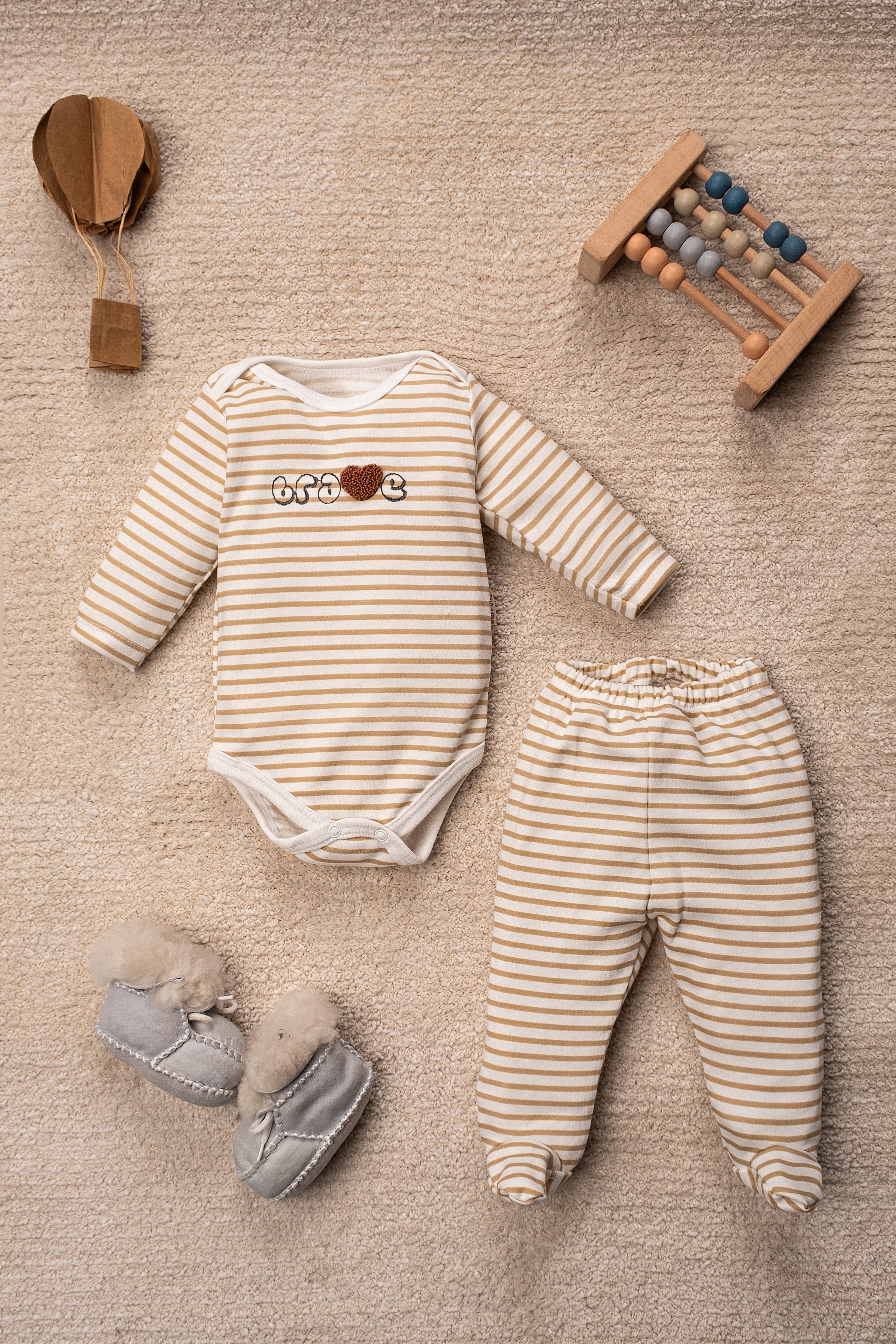 Bebek Takım Geyik Desenli 6 Parça 3'lü Set Bebek Takımı 0-9 Aylık