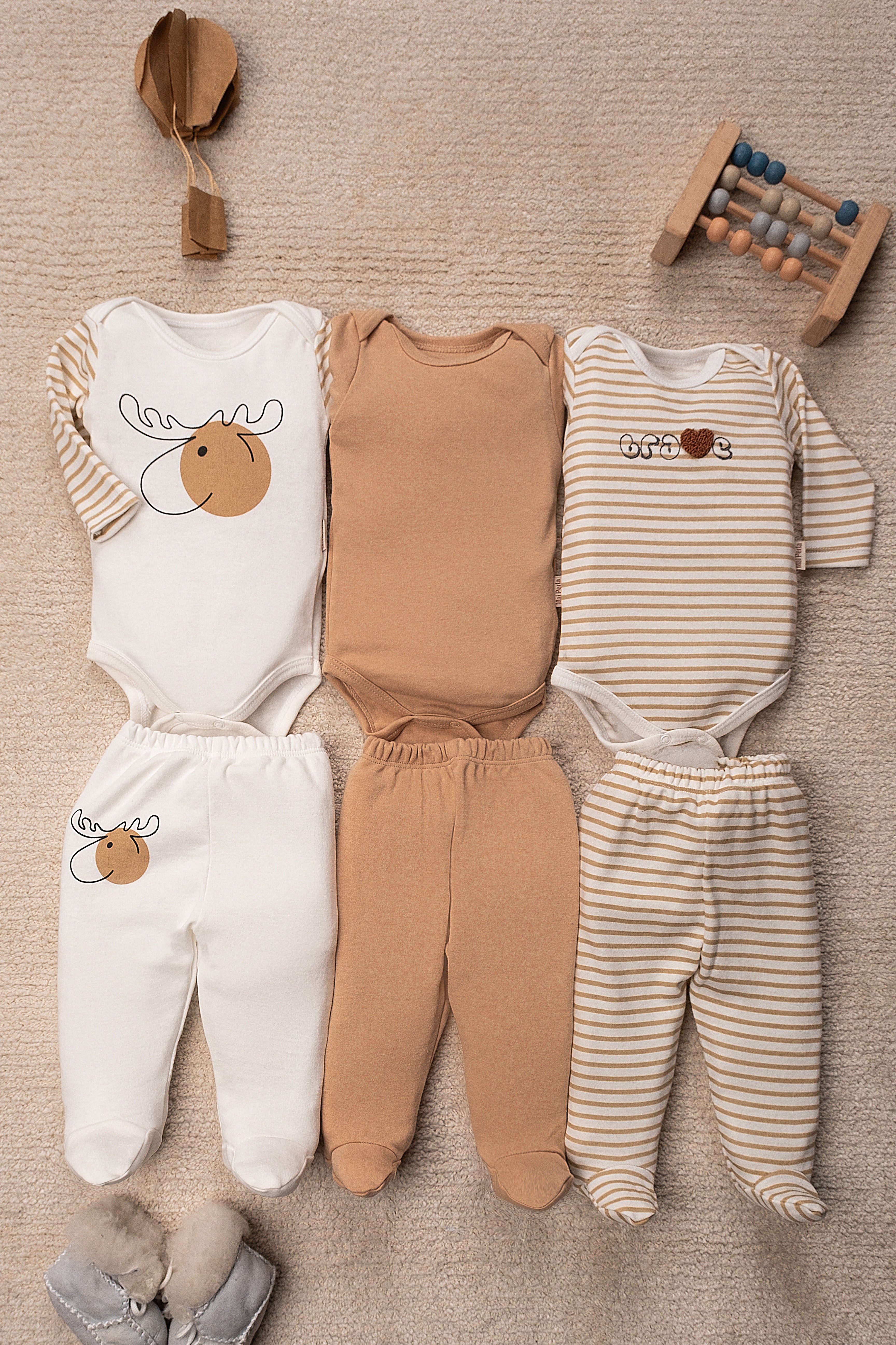 Bebek Takım Geyik Desenli 6 Parça 3'lü Set Bebek Takımı 0-9 Aylık