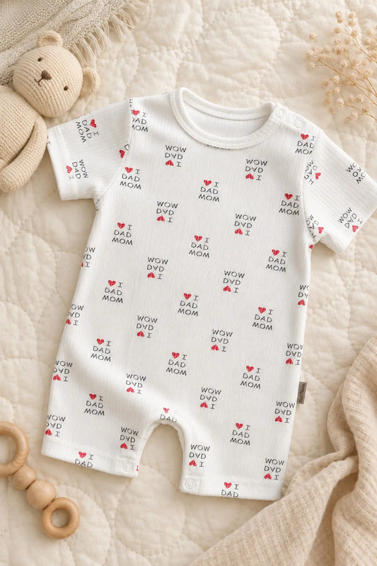Unisex Bebek Organik Pamuklu Yazlık Kısa Kollu Fitilli Mom Dad Desenli Tulum 0-12 Ay