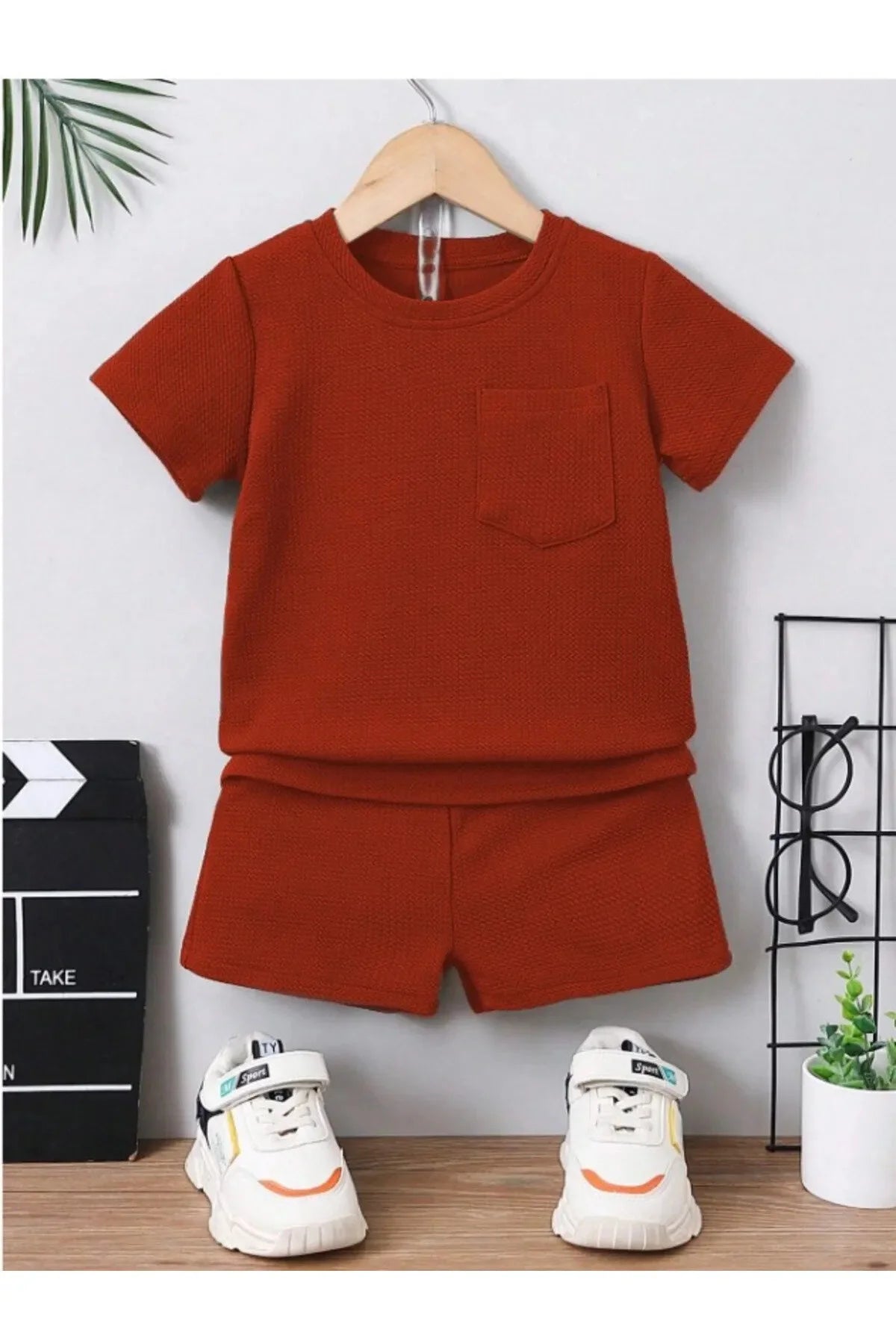 Unisex Pamuklu Waffle Kumaş Cep Detaylı Yazlık 2'li Takım