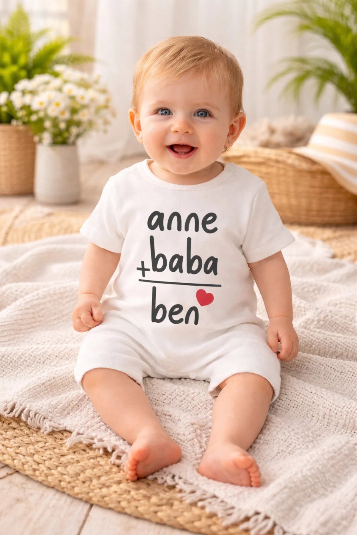 Unisex Organik Beyaz Anne Baba Baskılı Yandan Çıt Çıtlı 0-12 Ay Bebek Tulum
