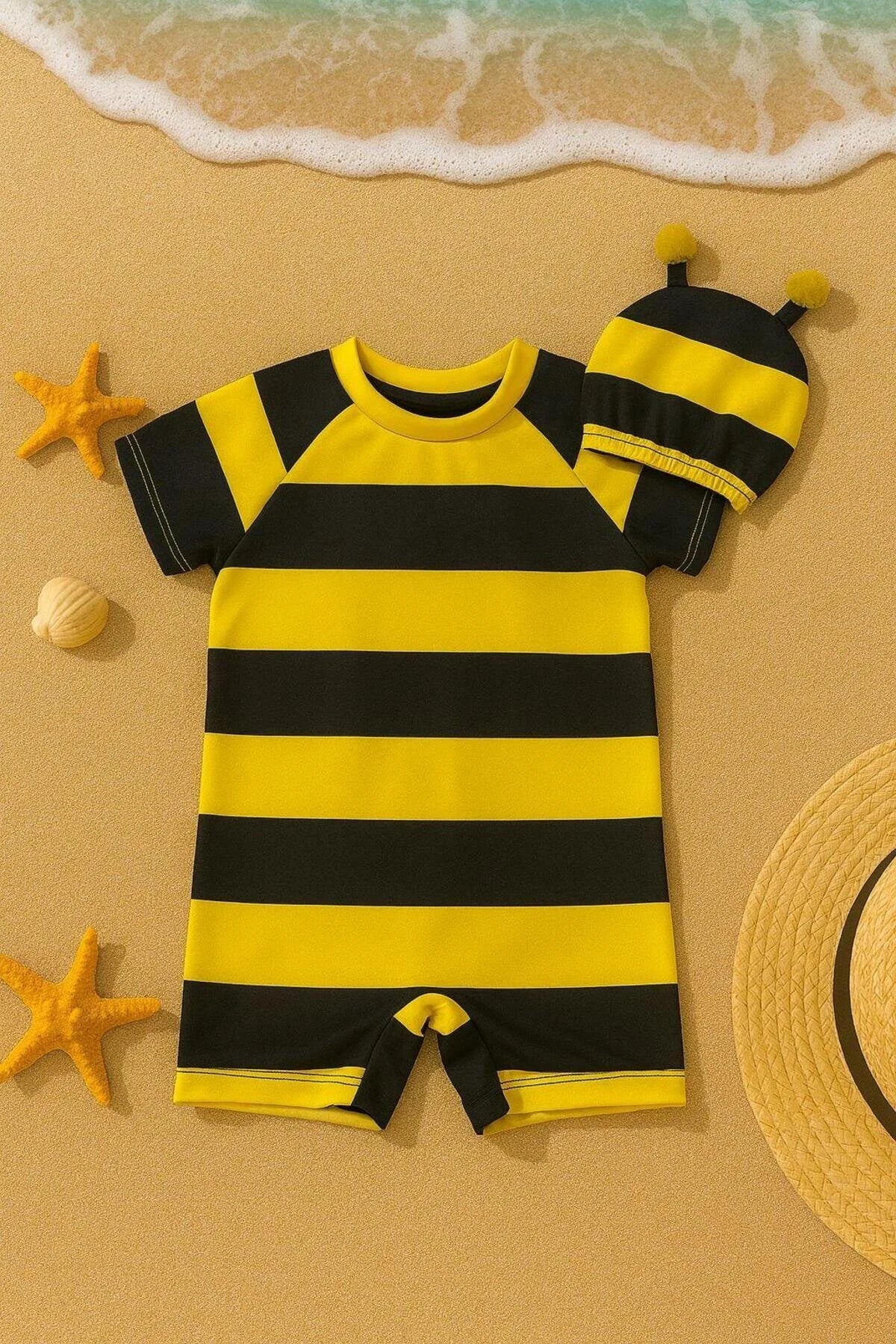 Çocuk Unisex Tulum Mayo Arı Kostüm Desenli Arkadan Fermuarlı Bone Hediyeli Esnek ve Rahat 1-5 Yaş