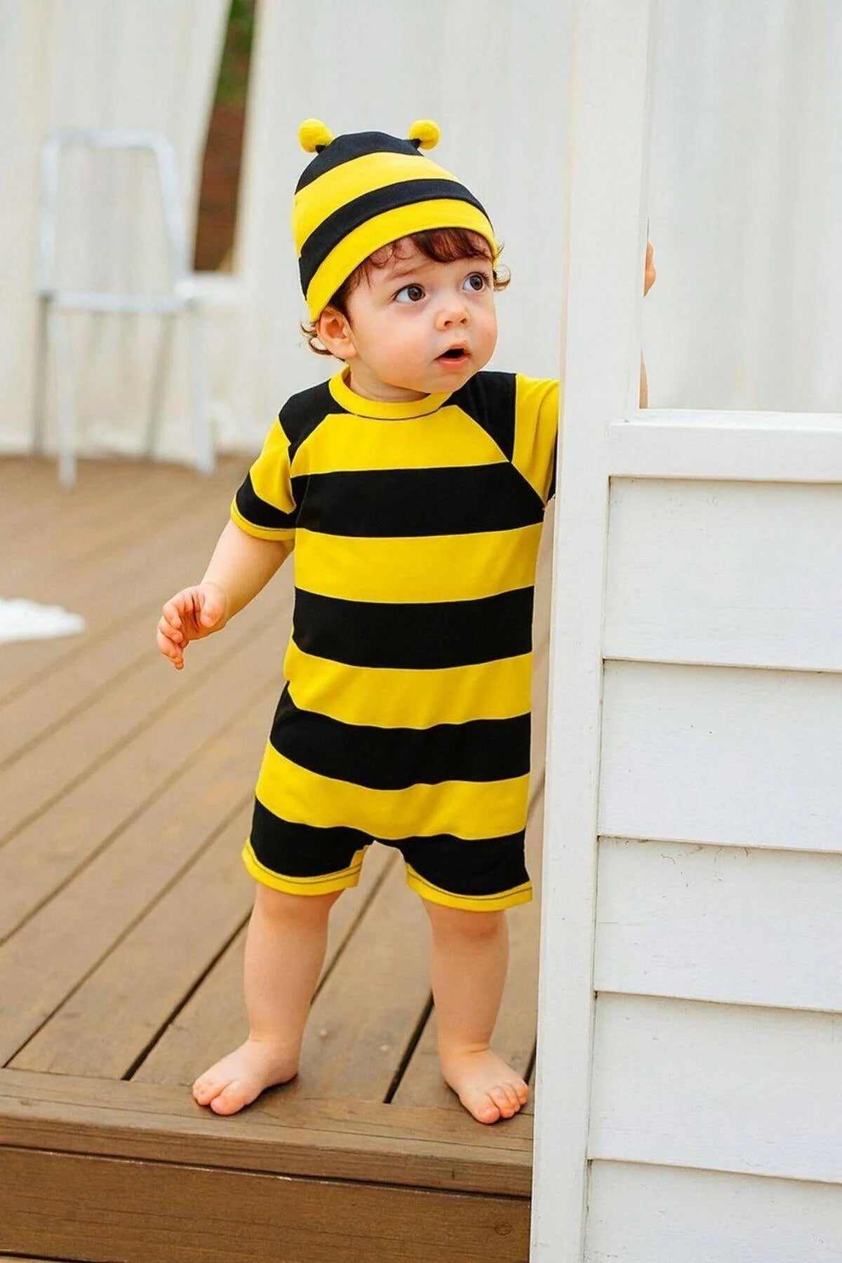 Çocuk Unisex Tulum Mayo Arı Kostüm Desenli Arkadan Fermuarlı Bone Hediyeli Esnek ve Rahat 1-5 Yaş
