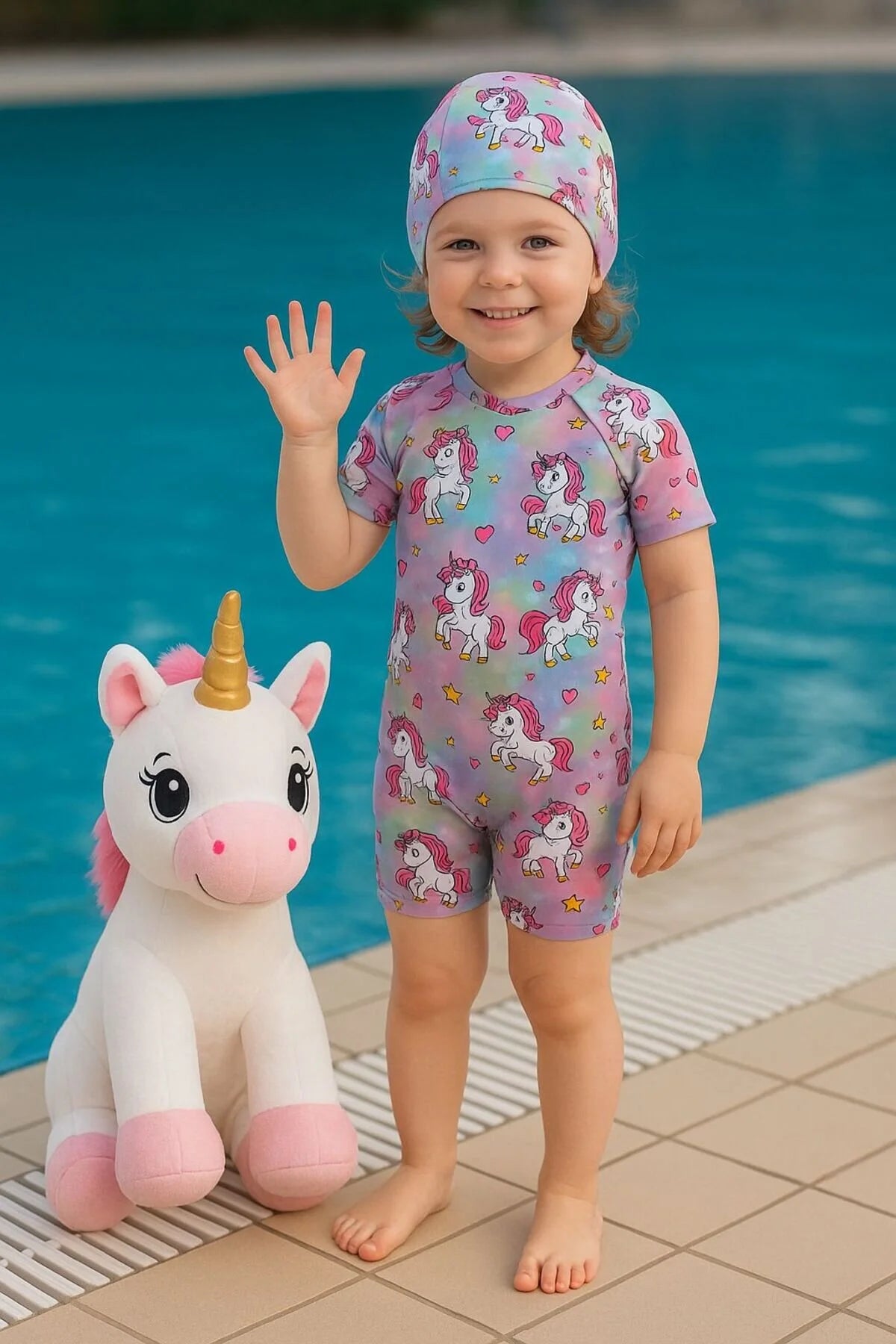 Kız Çocuk Tulum Mayo Unicorn Kostüm Desenli Arkadan Fermuarlı Bone Hediyeli Esnek ve Rahat 1-5 Yaş