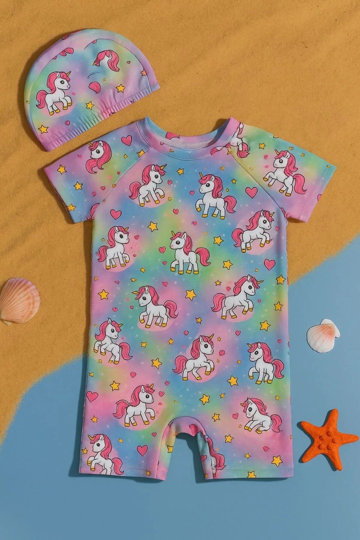 Kız Çocuk Tulum Mayo Unicorn Kostüm Desenli Arkadan Fermuarlı Bone Hediyeli Esnek ve Rahat 1-5 Yaş