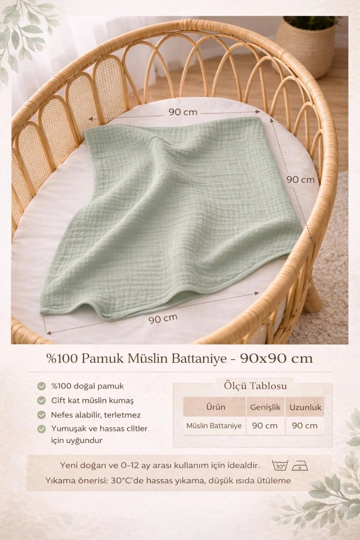 4 Kat Müslin Organik Pamuk 90x90 Naturel Bebek Çocuk Battaniye