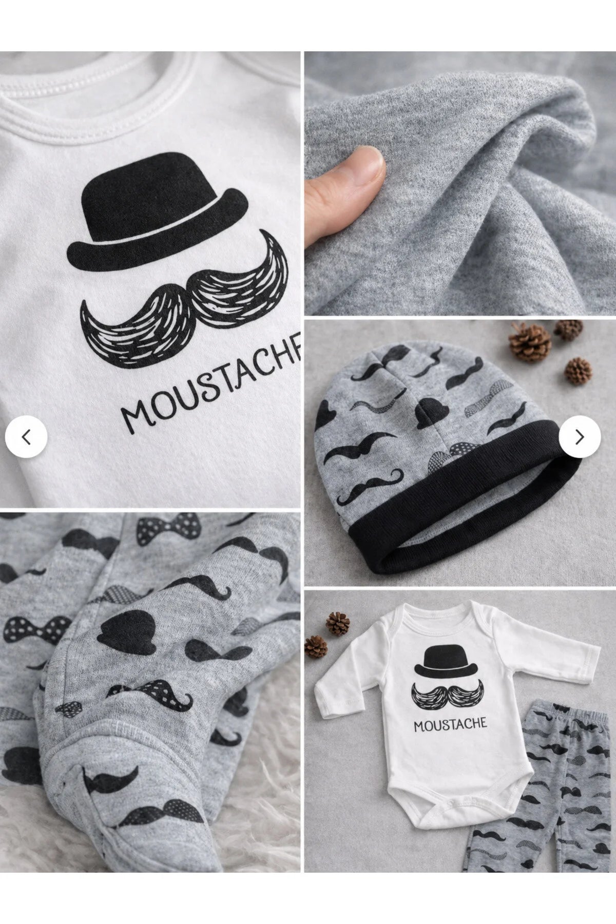 Unisex Bebek Beyaz Bıyık Zıbın Takımı 3'lü Takım