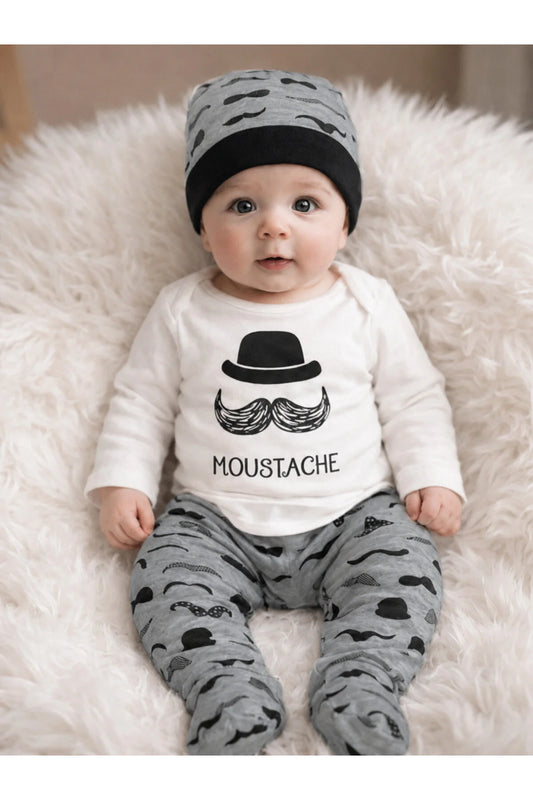 Unisex Bebek Beyaz Bıyık Zıbın Takımı 3'lü Takım (Copy)