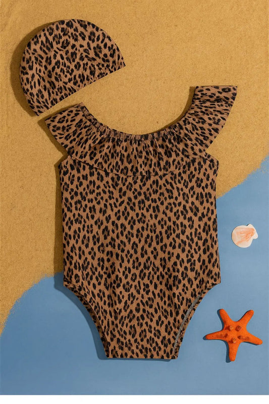 Kız Çocuk Mayo Leopar Desenli Çapraz Fırfırlı Mayo Bone Hediyeli 1-5 Yaş