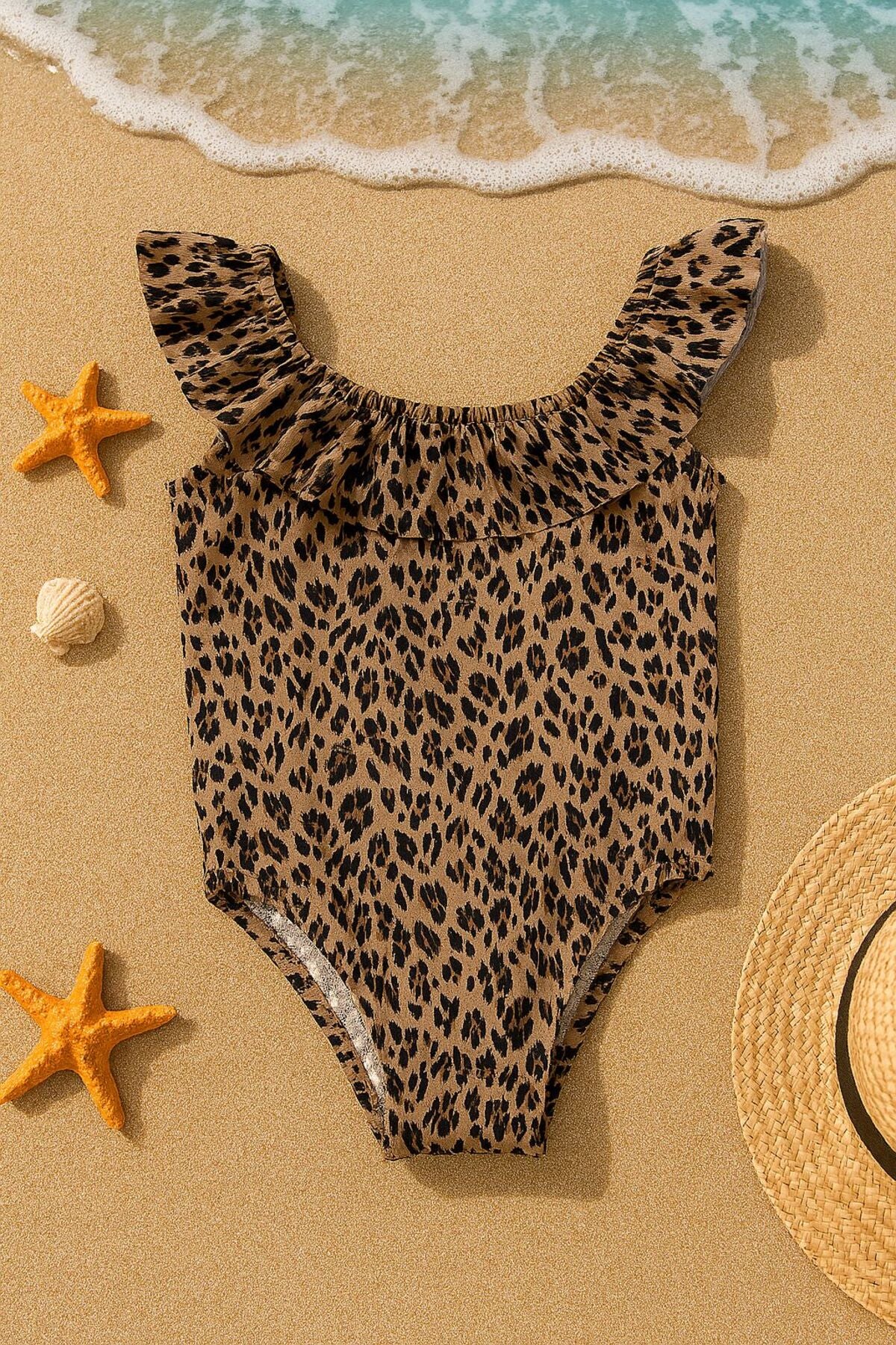 Kız Çocuk Mayo Leopar Desenli Çapraz Fırfırlı Mayo Bone Hediyeli 1-5 Yaş