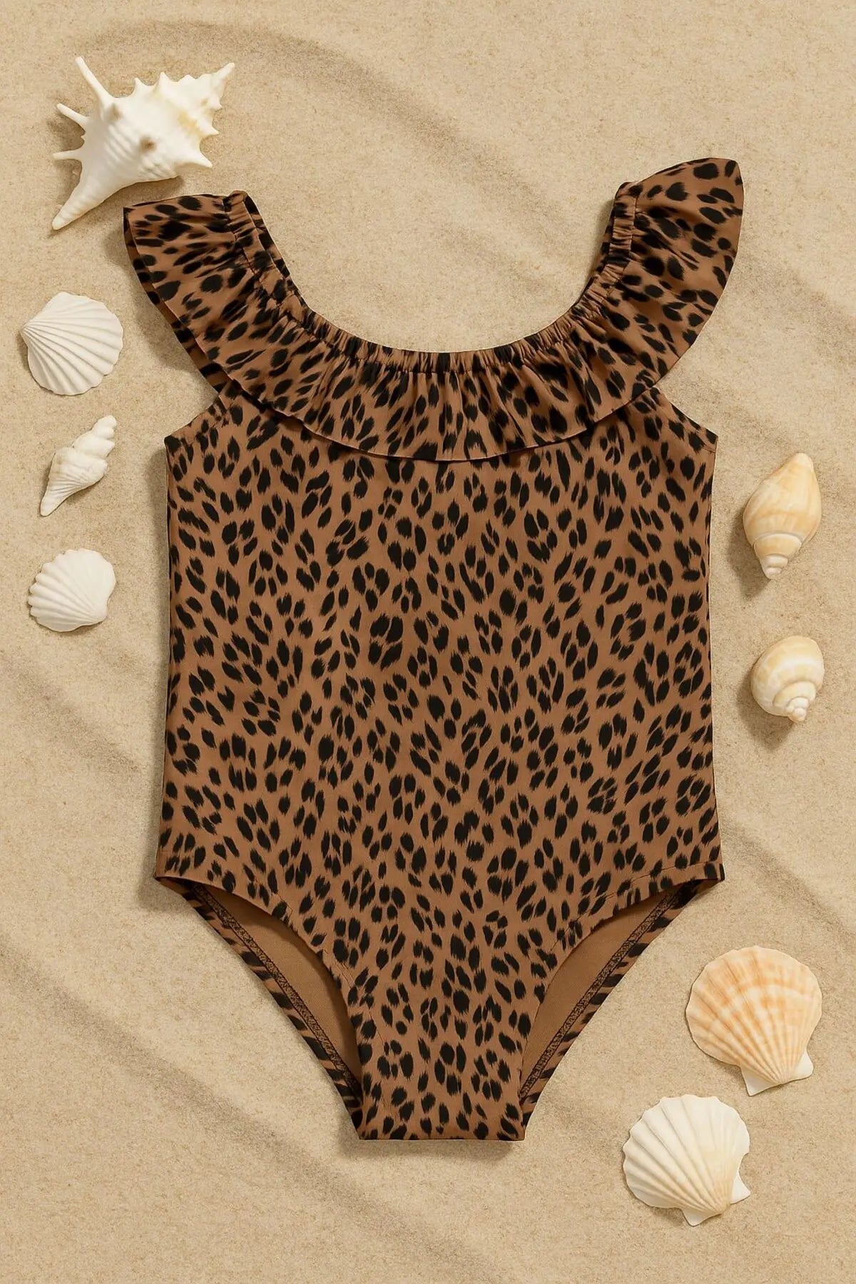 Kız Çocuk Mayo Leopar Desenli Çapraz Fırfırlı Mayo Bone Hediyeli 1-5 Yaş