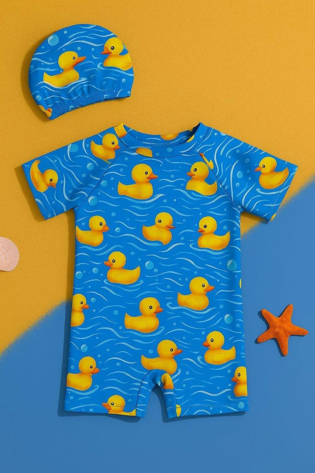 Çocuk Unisex Tulum Mayo Ördek Kostüm Desenli Arkadan Fermuarlı Bone Hediyeli Esnek ve Rahat 1-5 Yaş