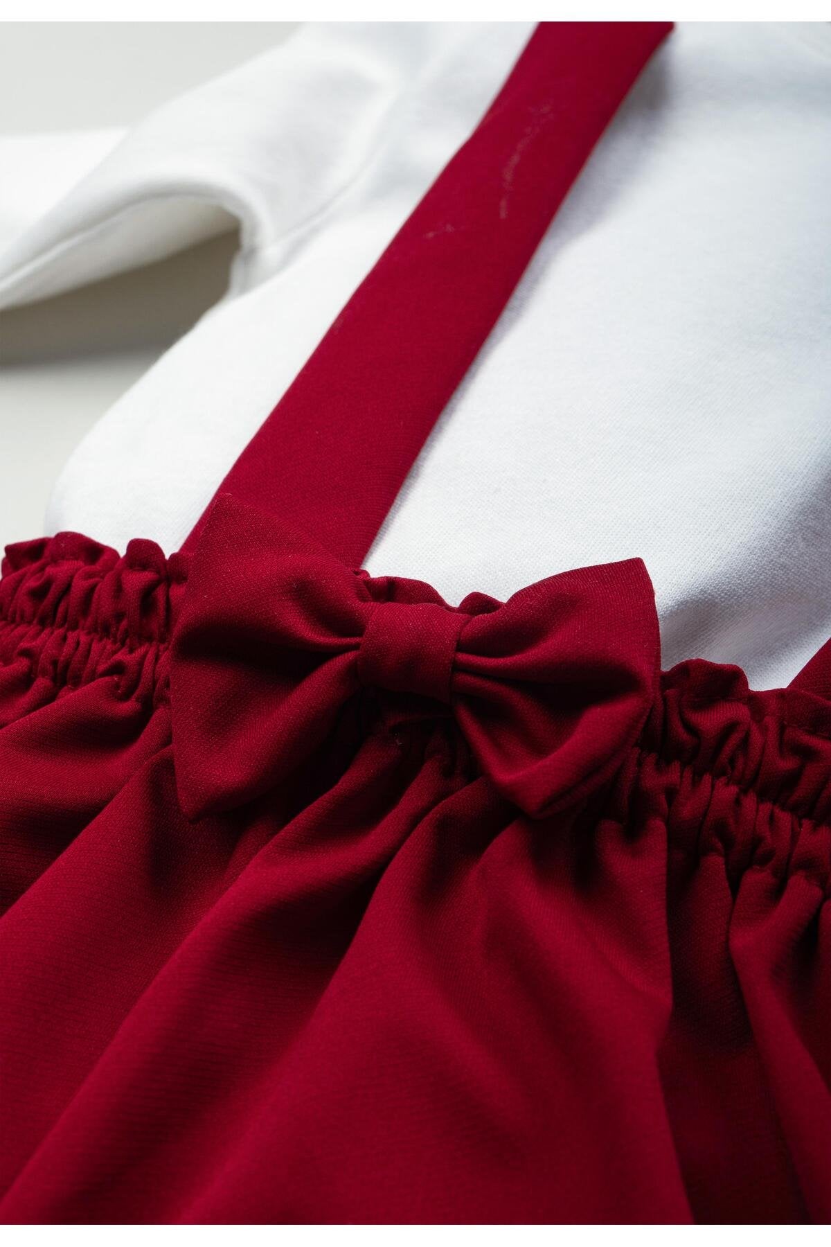 Kız Çocuk Takımı 2 Parça Salopet Elbise Pamuklu Kumaş Uzun Kollu Fiyonklu Etekli Takım 1-5 Yaş