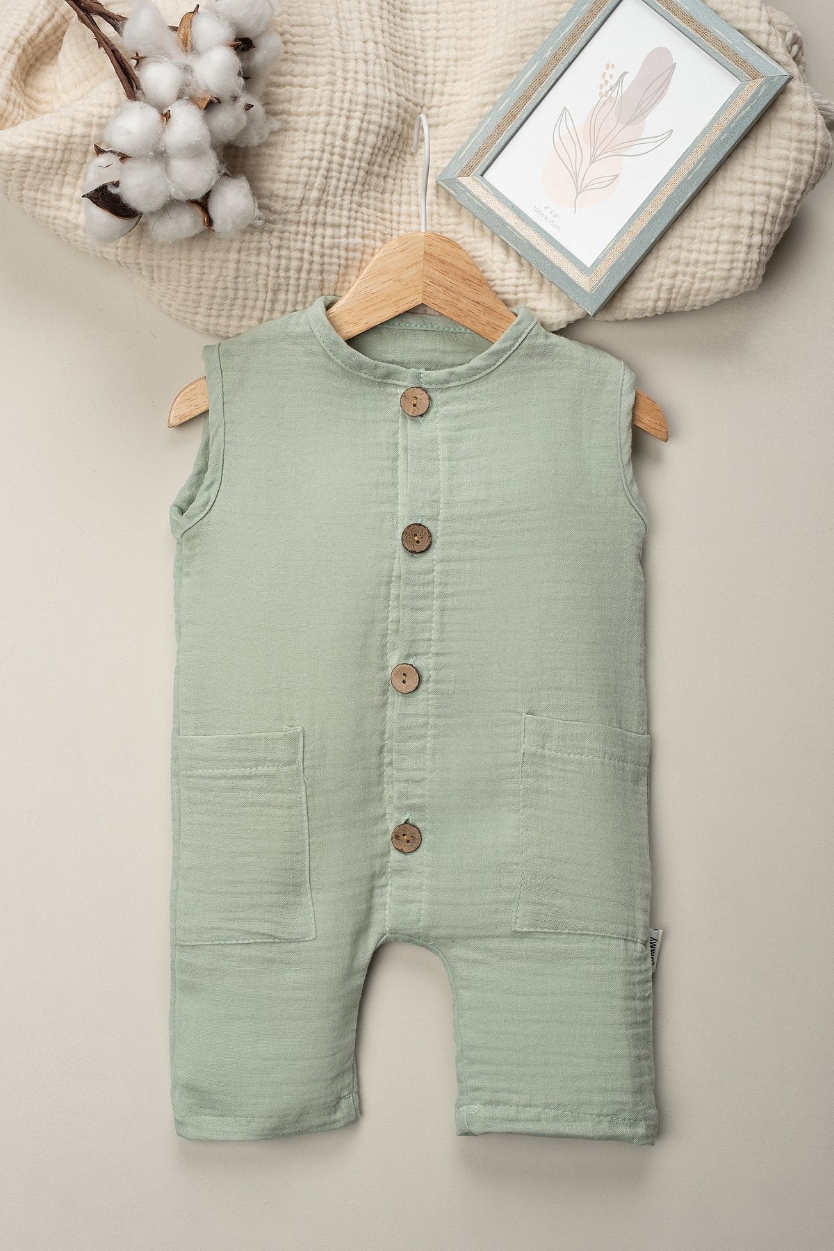 Organik Müslin Yazlık Naturel Cepli Bebek Tulum