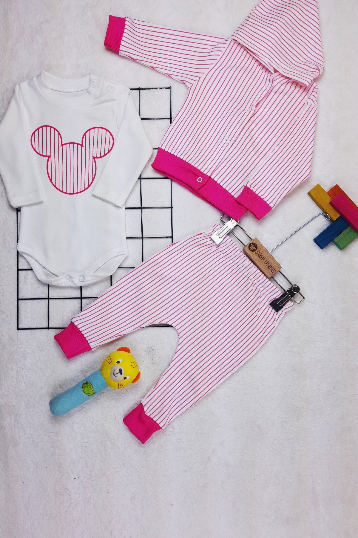 Çizgi Desenli Mickey 3'lü Unisex Bebek Takım