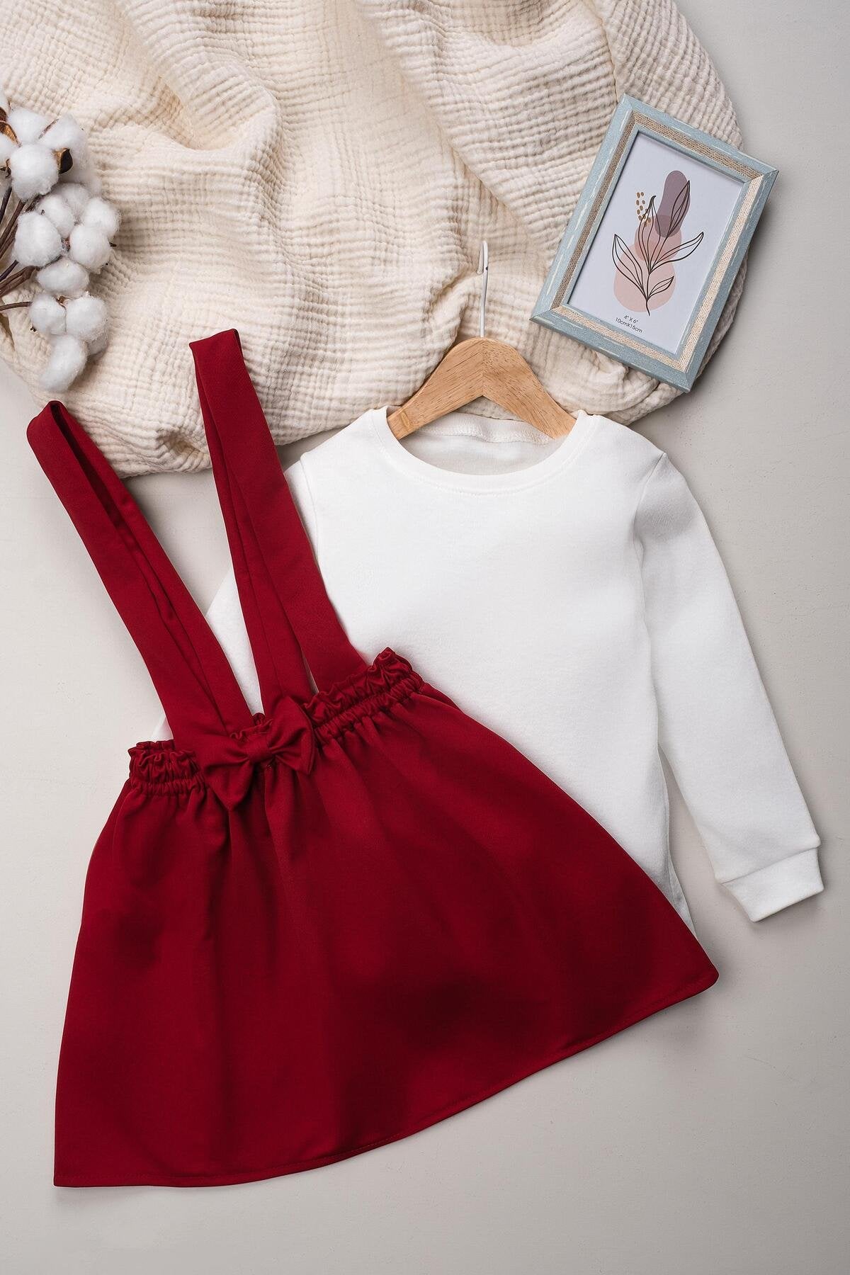 Kız Çocuk Takımı 2 Parça Salopet Elbise Pamuklu Kumaş Uzun Kollu Fiyonklu Etekli Takım 1-5 Yaş