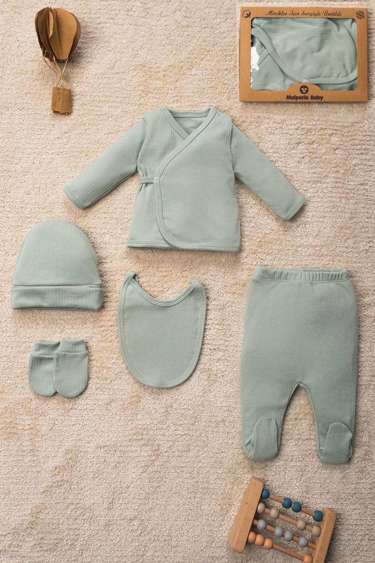 Düz Renk Organik Pamuk Kutulu 5 Parça Hastane Çıkış Seti