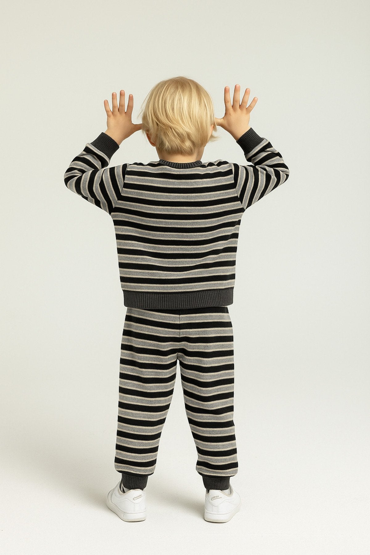 Unisex Çocuk Takımı Organik Pamuklu Şardonlu Kışlık Hırkalı Çizgili İkili Takım (1-5 Yaş)