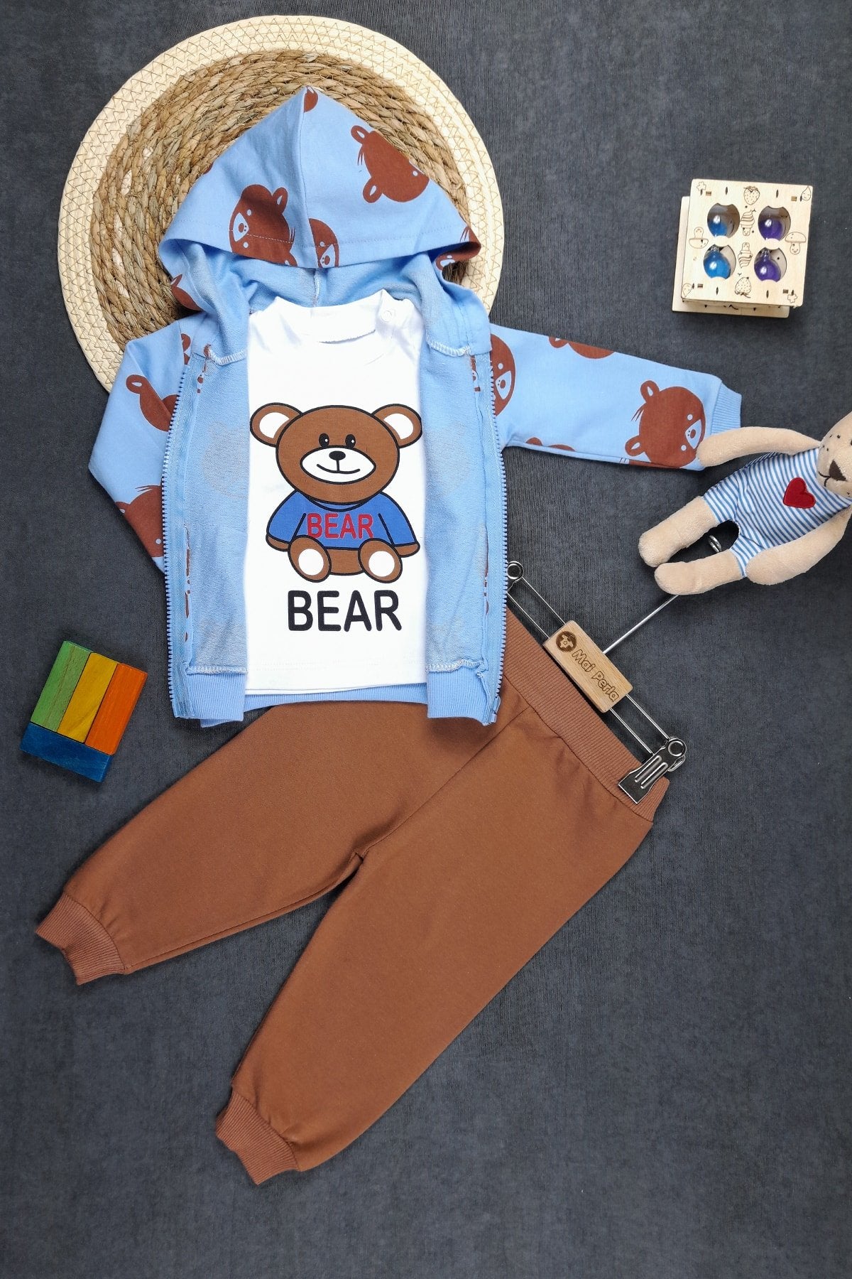 Ayıcık Baskılı Unisex 3'lü Bebek Takım