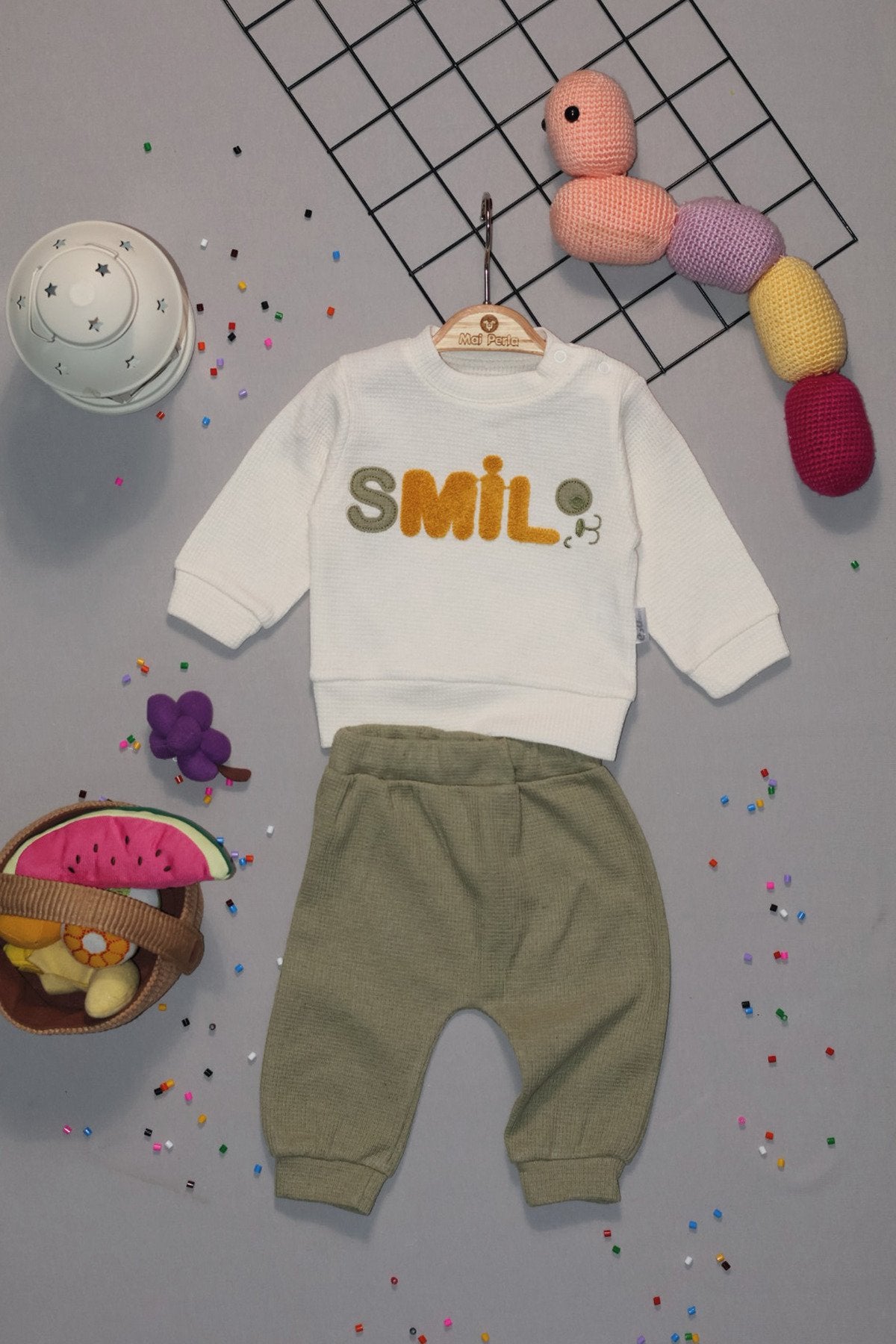Smile Nakışlı Organik Waffle Kumaş 2'li Bebek Takım