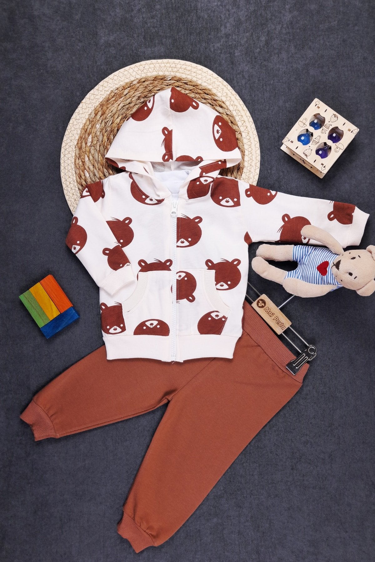 Ayıcık Baskılı Unisex 3'lü Bebek Takım