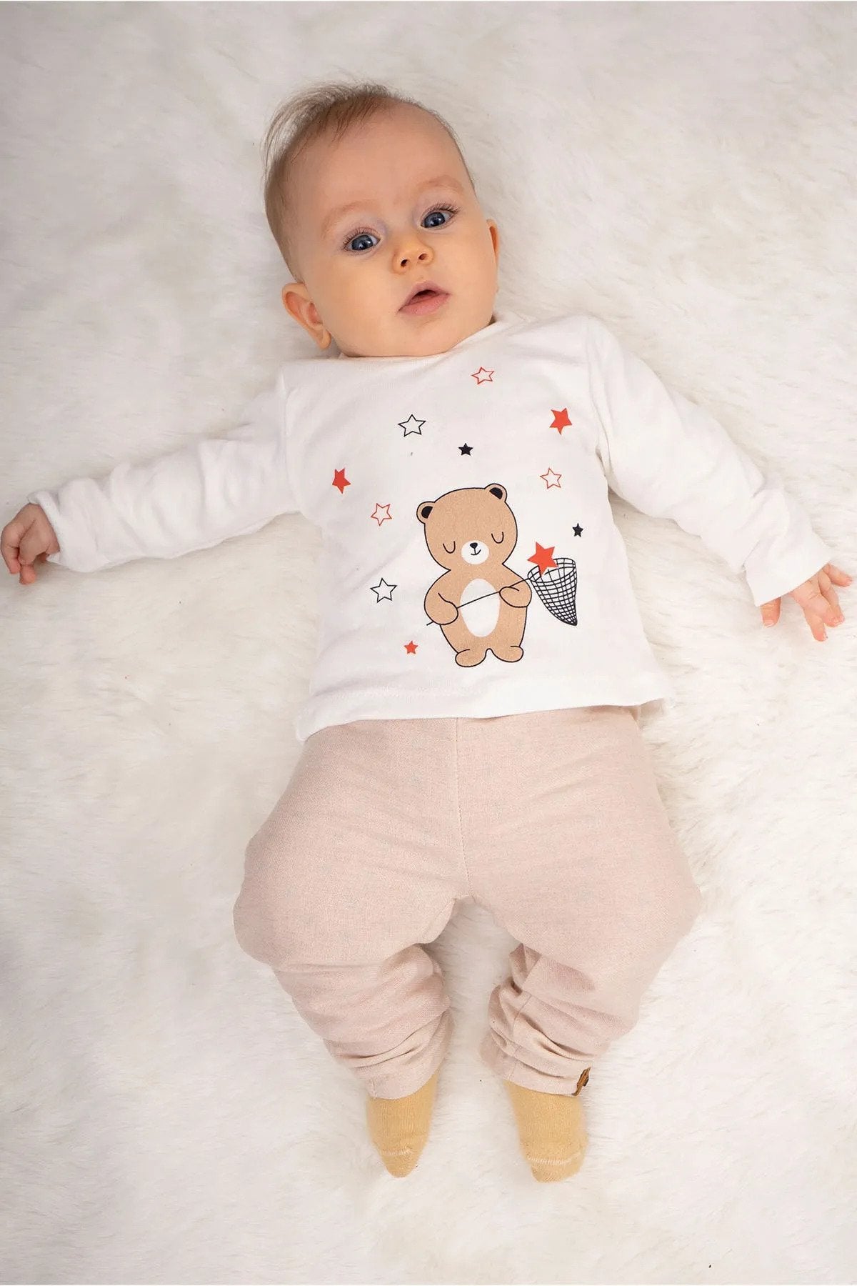 Unisex Ayıcık Desenli Astarlı 3 Parça Yağmurluk Bebek Takımı