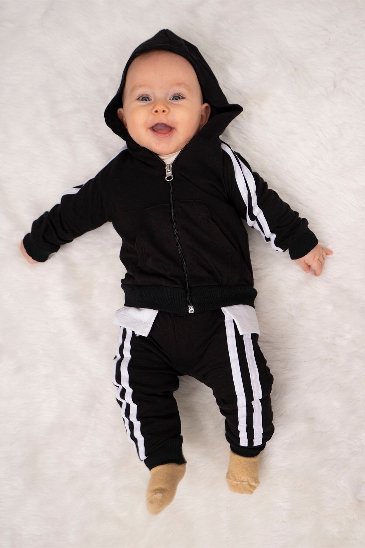 Erkek Bebek Takım Batman Desenli Uzun Kollu Pamuklu Fermuarlı Kapşonlu Bebek Takım 6-24 Ay