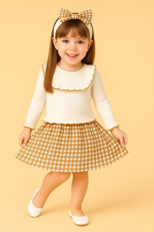 Çocuk Kız Elbise Fiyonklu Kazayağı Etek Badi Takım 1-4 Yaş