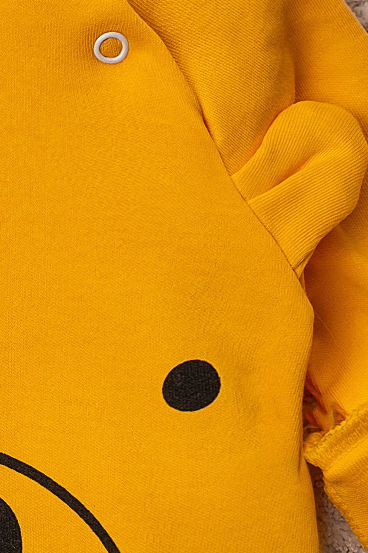 Gülen Yüz Desenli Şapkalı Bebek Tulum