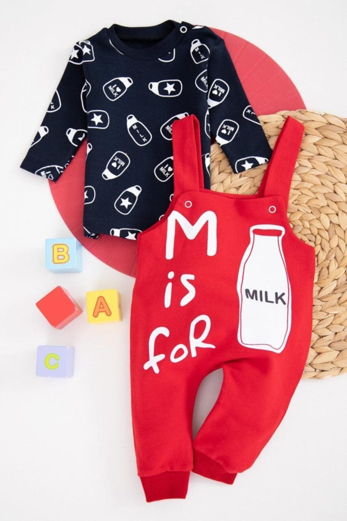 Milk Baskılı Bebek Salopet Takım