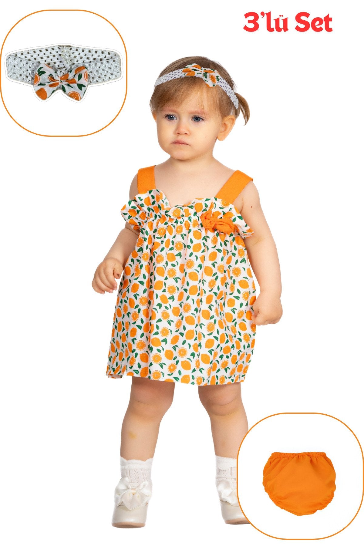 Mandalina Baskılı Turuncu Kız Bebek Takım