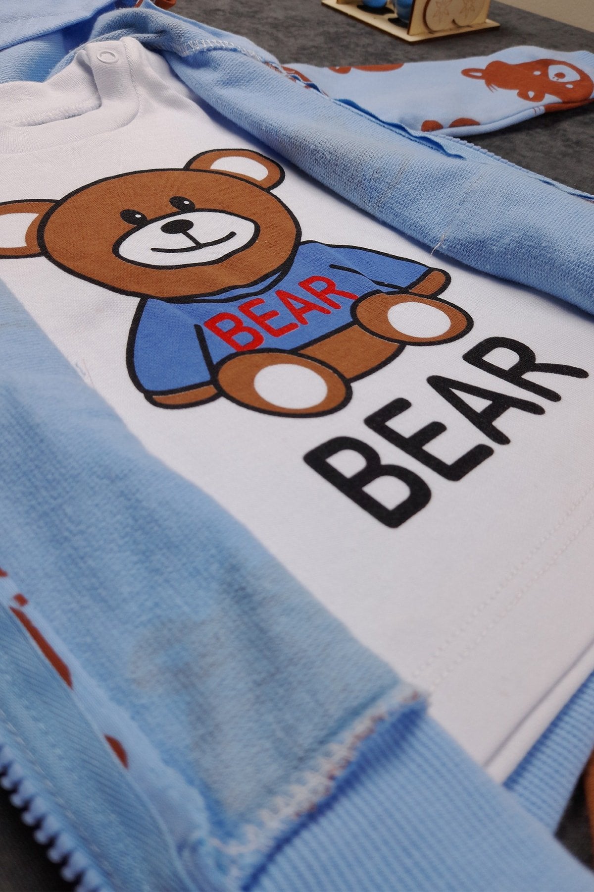 Ayıcık Baskılı Unisex 3'lü Bebek Takım
