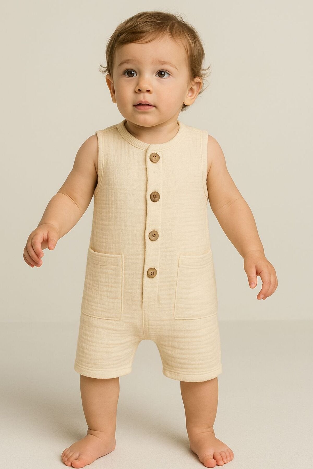 Organik Müslin Yazlık Naturel Cepli Bebek Tulum