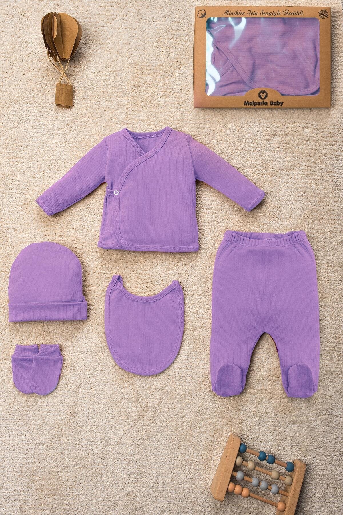 Düz Renk Organik Pamuk Kutulu 5 Parça Hastane Çıkış Seti