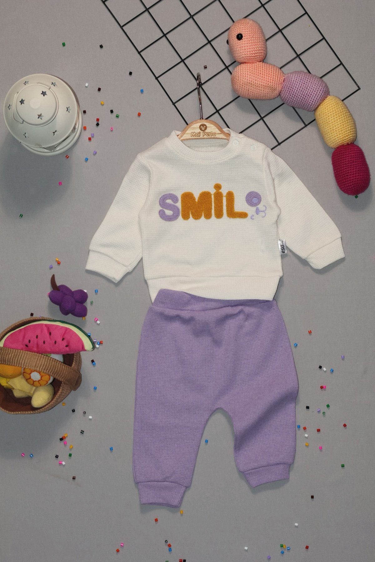 Smile Nakışlı Organik Waffle Kumaş 2'li Bebek Takım