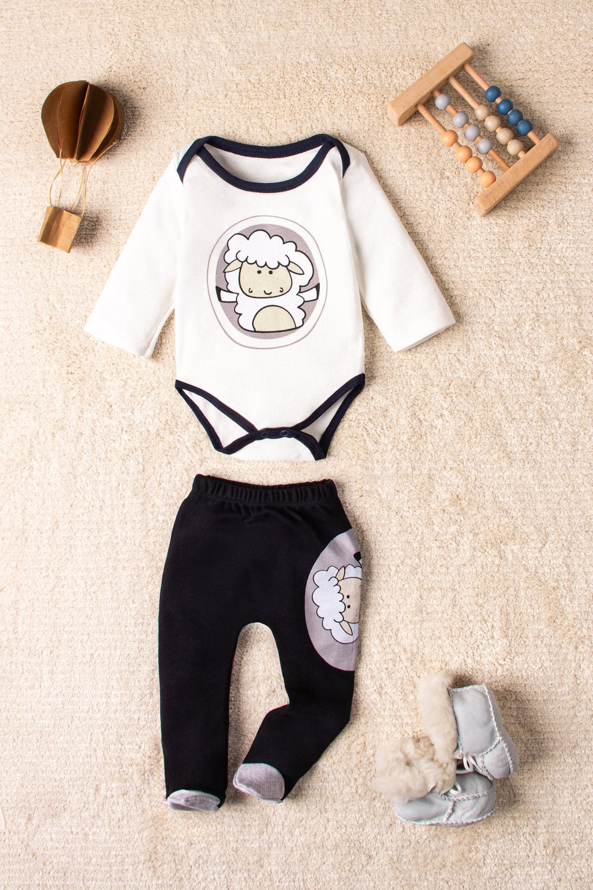 Erkek Renkli Panda Desenli 3 Set 6 Parça Çıtçıtlı Bebek Takım