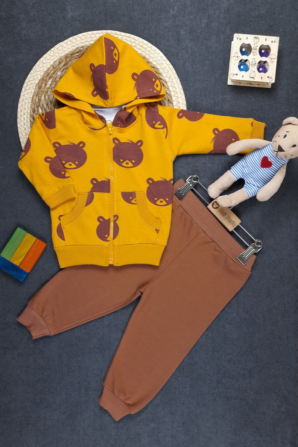 Ayıcık Baskılı Unisex 3'lü Bebek Takım