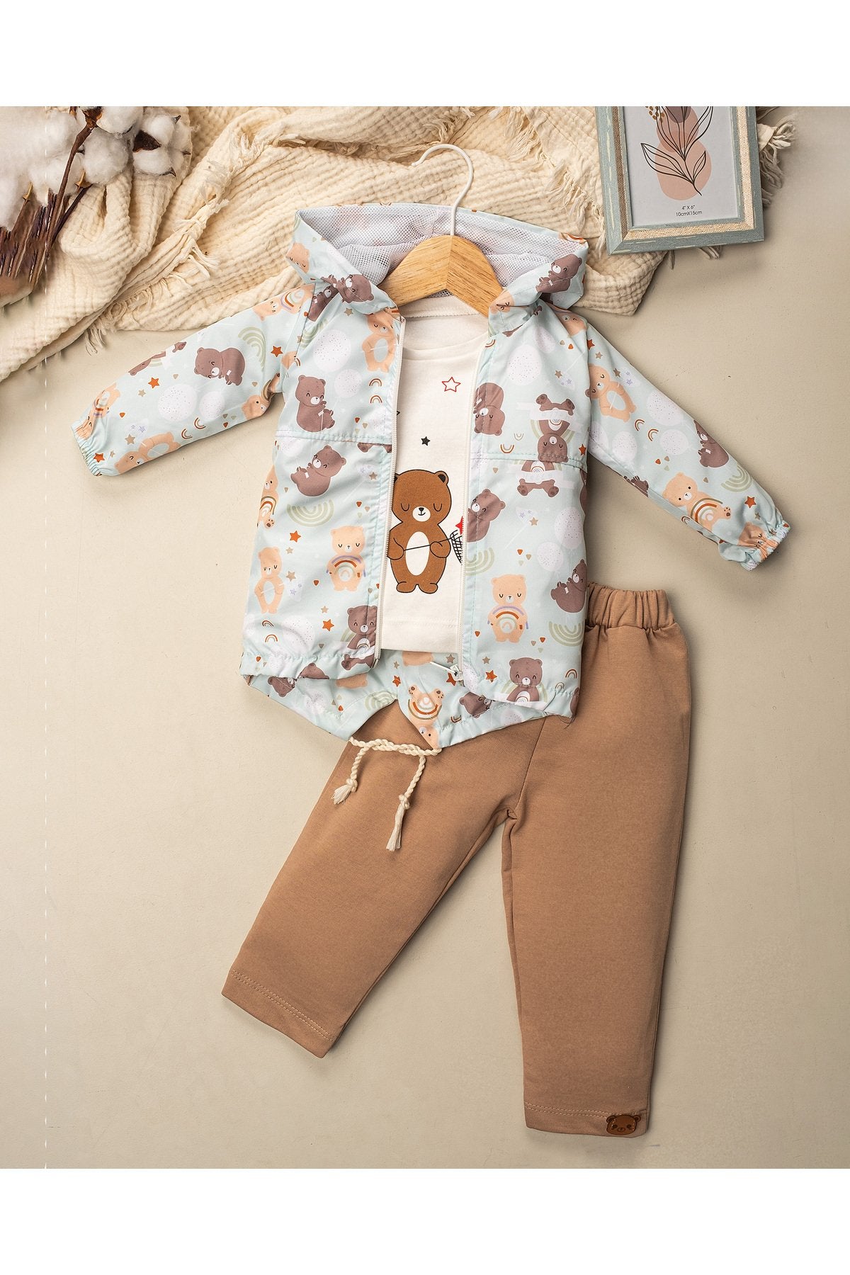 Unisex Ayıcık Desenli Astarlı 3 Parça Yağmurluk Bebek Takımı