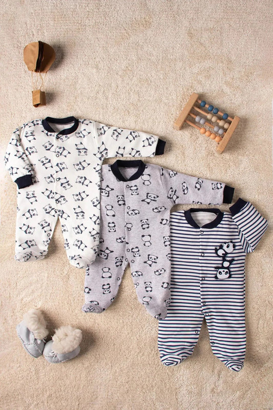 Unisex 3'lü Pamuklu Panda Desenli Çıtçıtlı Patikli Yenidoğan Tulum Seti