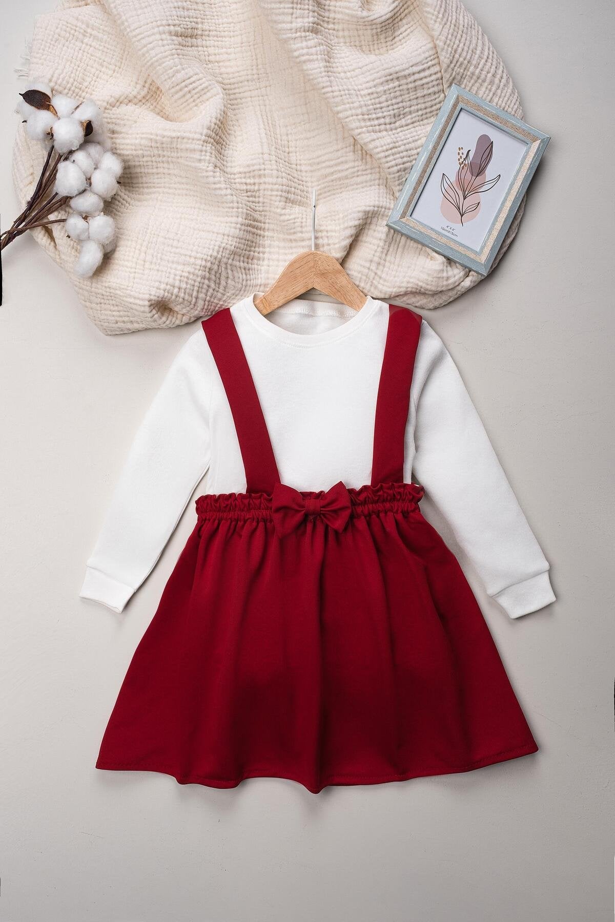 Kız Çocuk Takımı 2 Parça Salopet Elbise Pamuklu Kumaş Uzun Kollu Fiyonklu Etekli Takım 1-5 Yaş